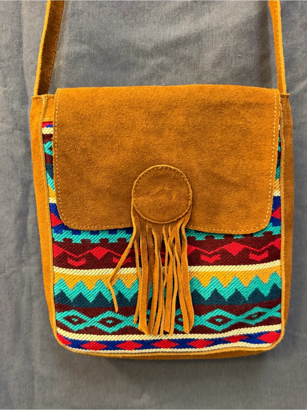 Boutique Suede Southwestern Woven Boho Fringe Crossbody Bag NWOT